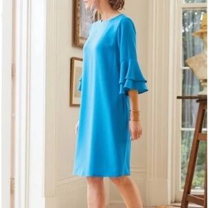 Soft Surroundings Principessa Shift Dress Cyan Blue Bell Sleeve Crepe Zip MP